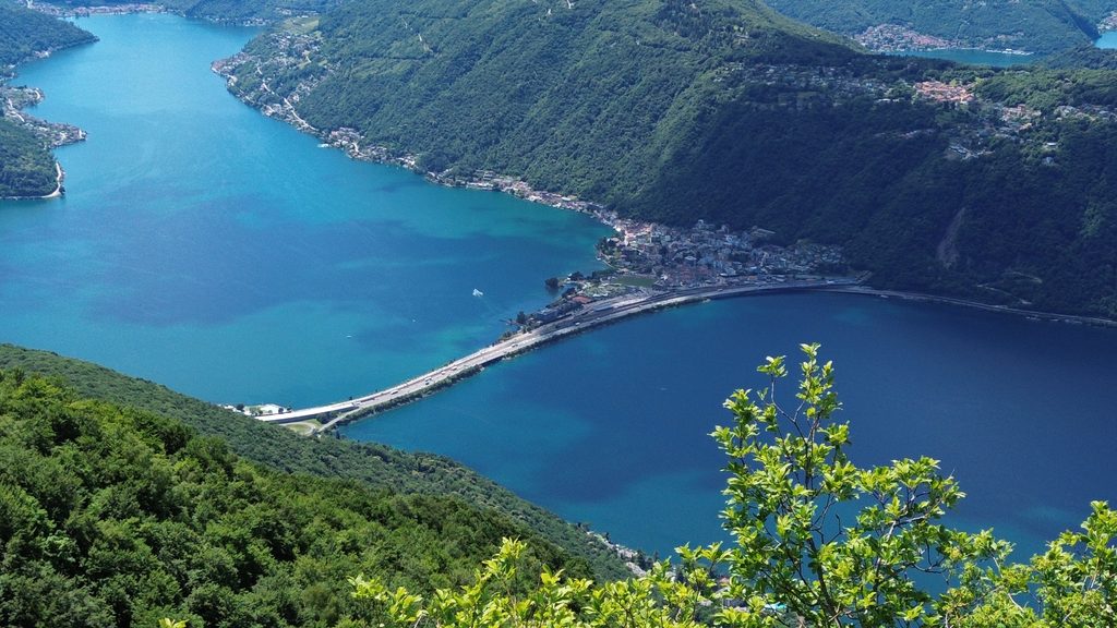 An image taken from my drone of the bridge between Bissone and Melide, where there is the Swissminiatur